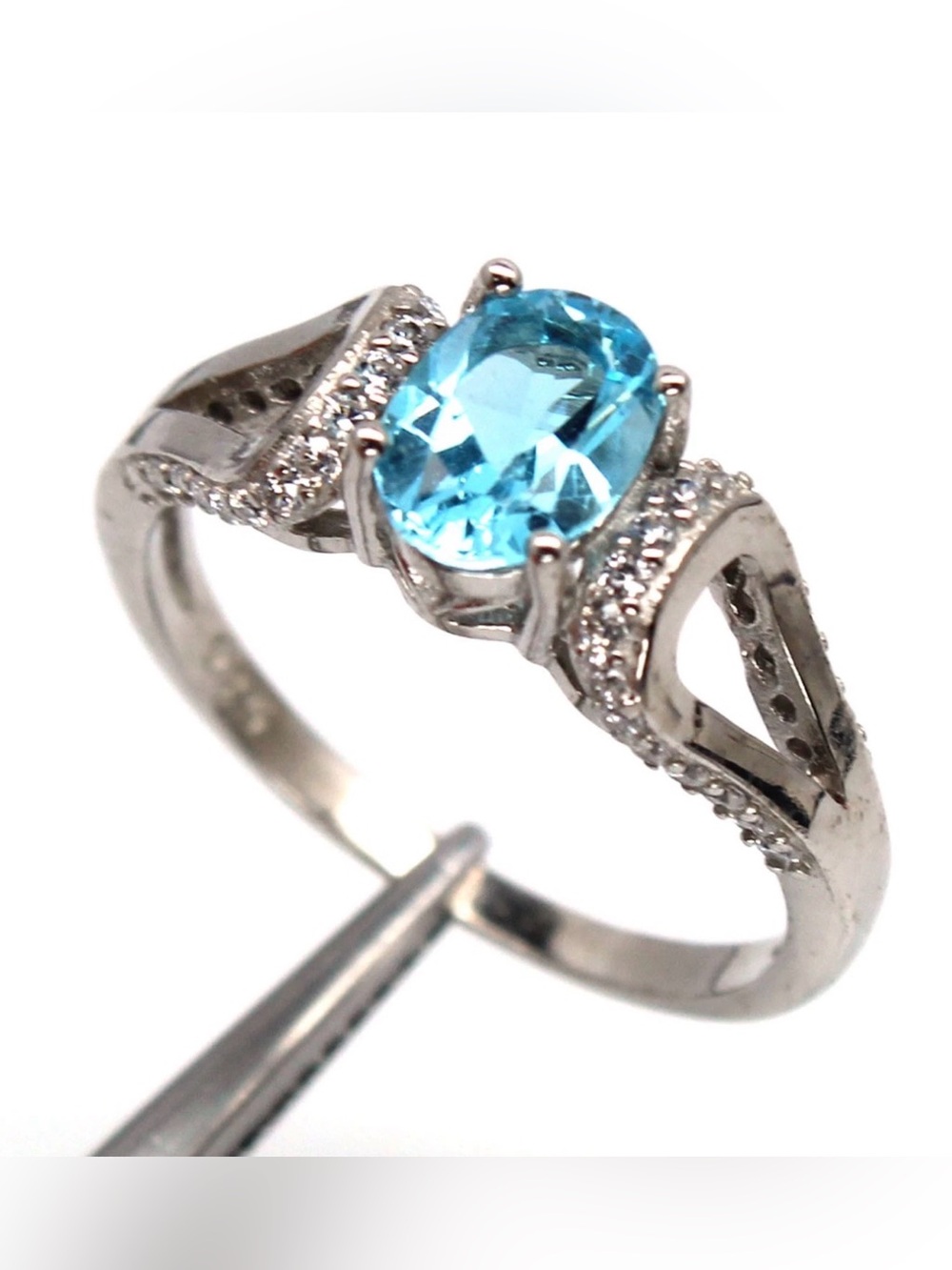 Stunning Natural Sky Blue Topaz horseshoe zircon 925 Sterling Silver Ring 5.75